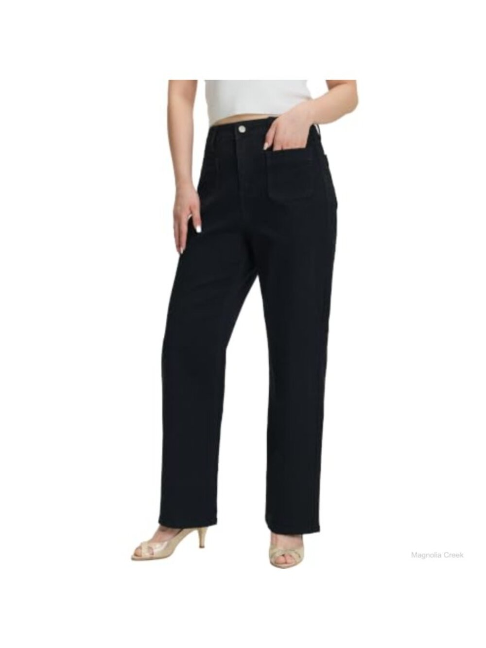 Women's High Waisted Straight Leg Stretch Denim Jeans Patch Pockets